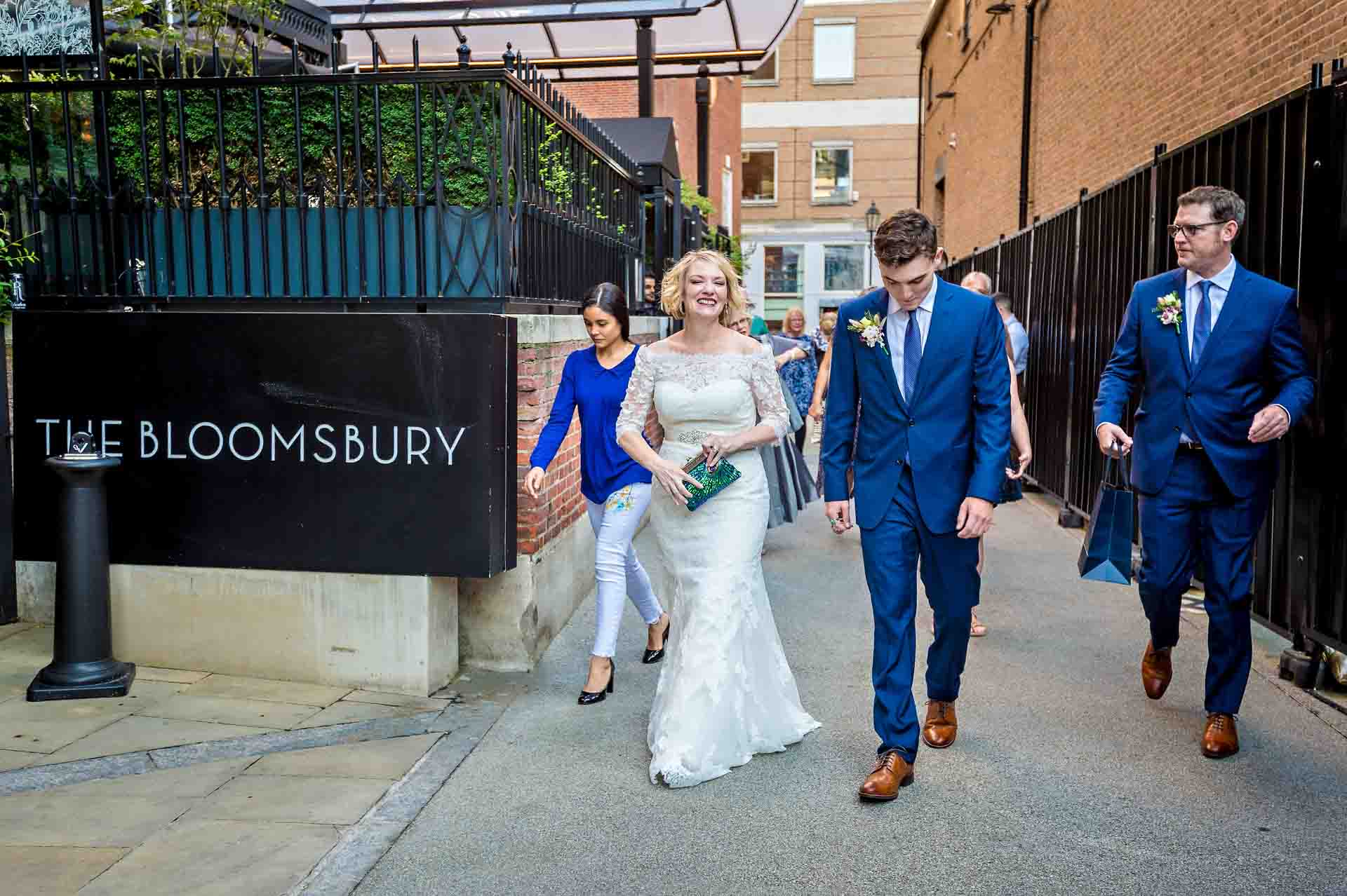 Wedding party leaving the Bloomsbury Hotel in London