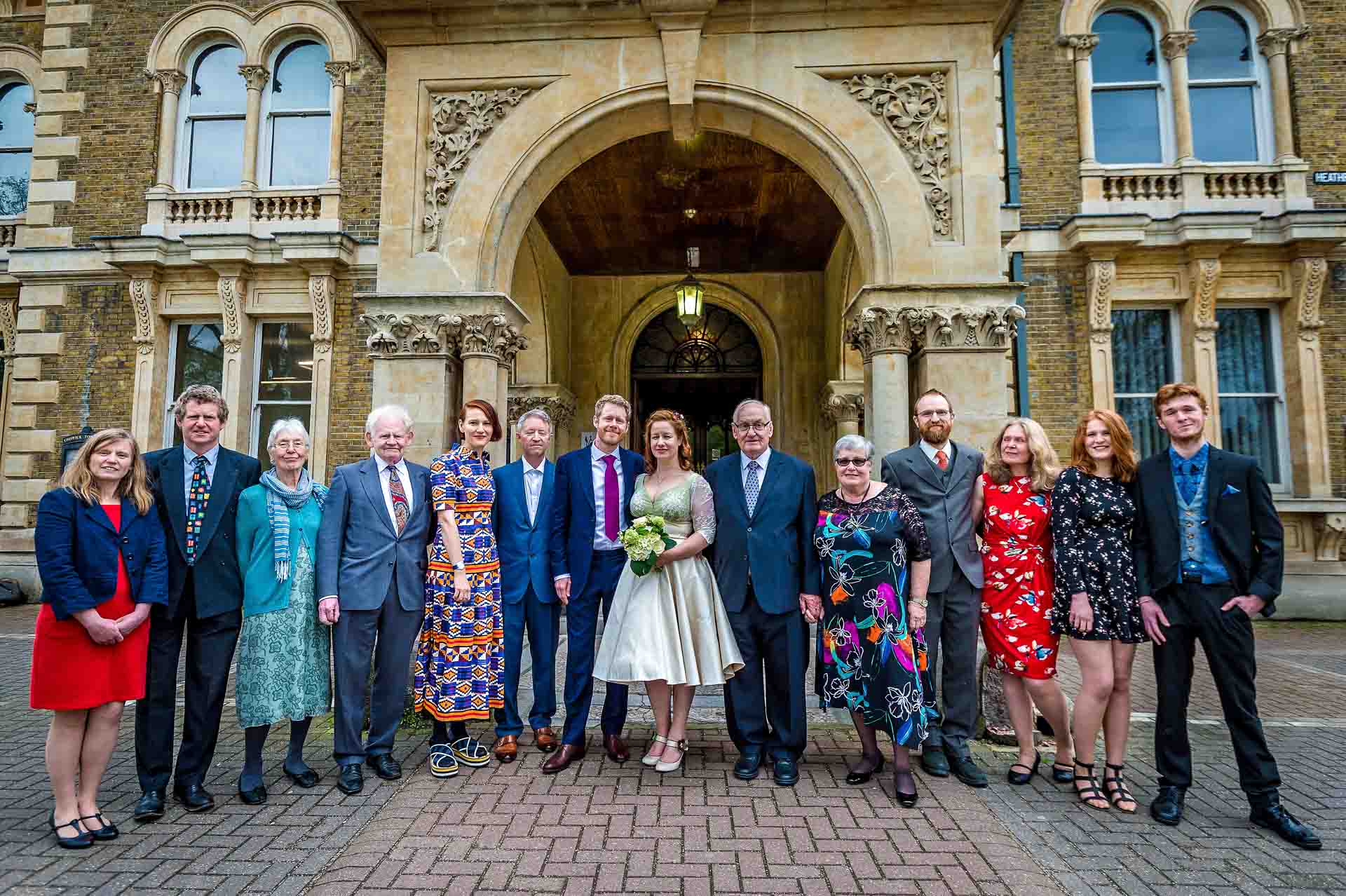 Facade of Chiswick Town Hall in Wedding Group Shot