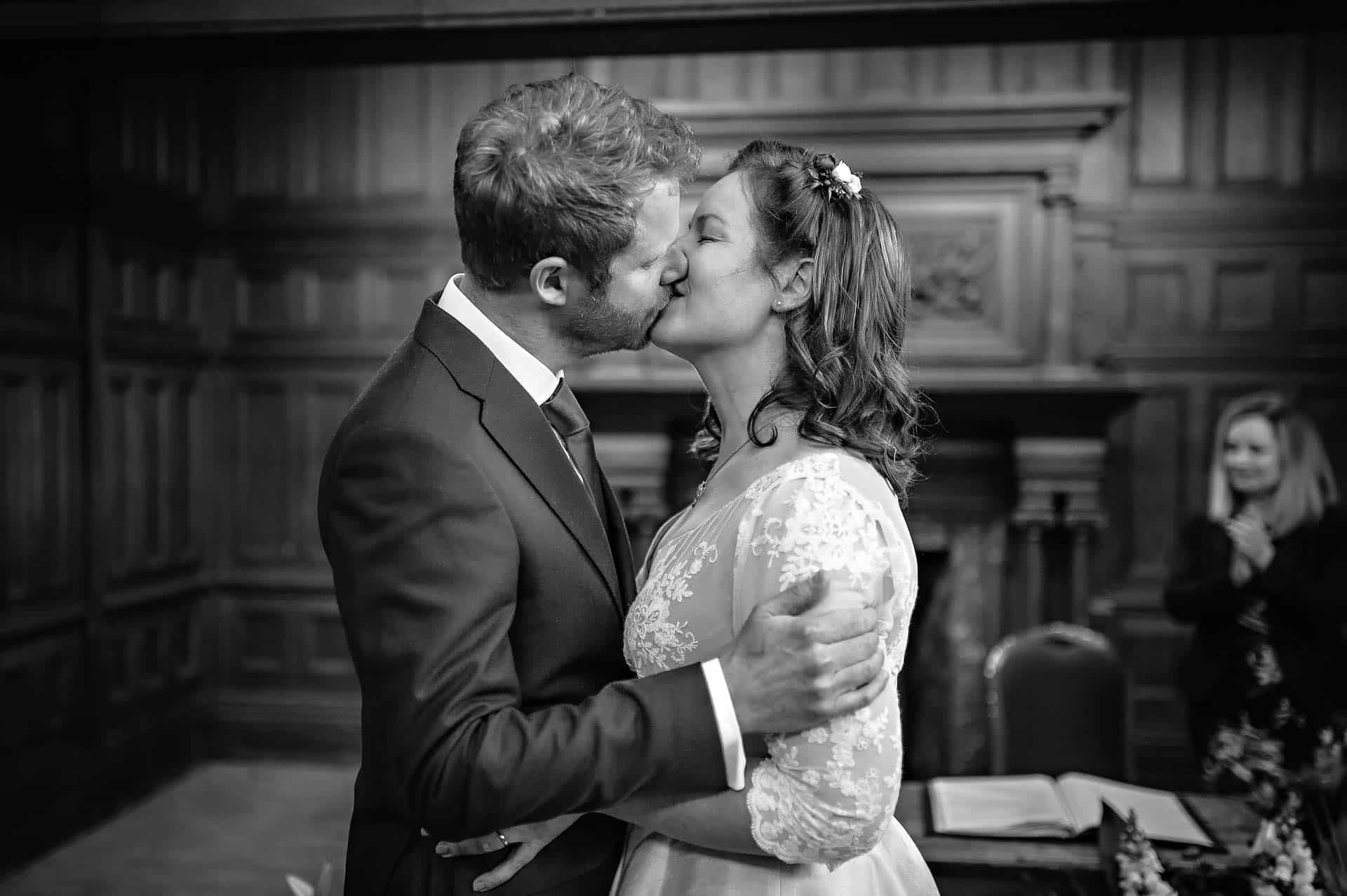 Couple's First Kiss at Wedding in Chiswick Town Hall