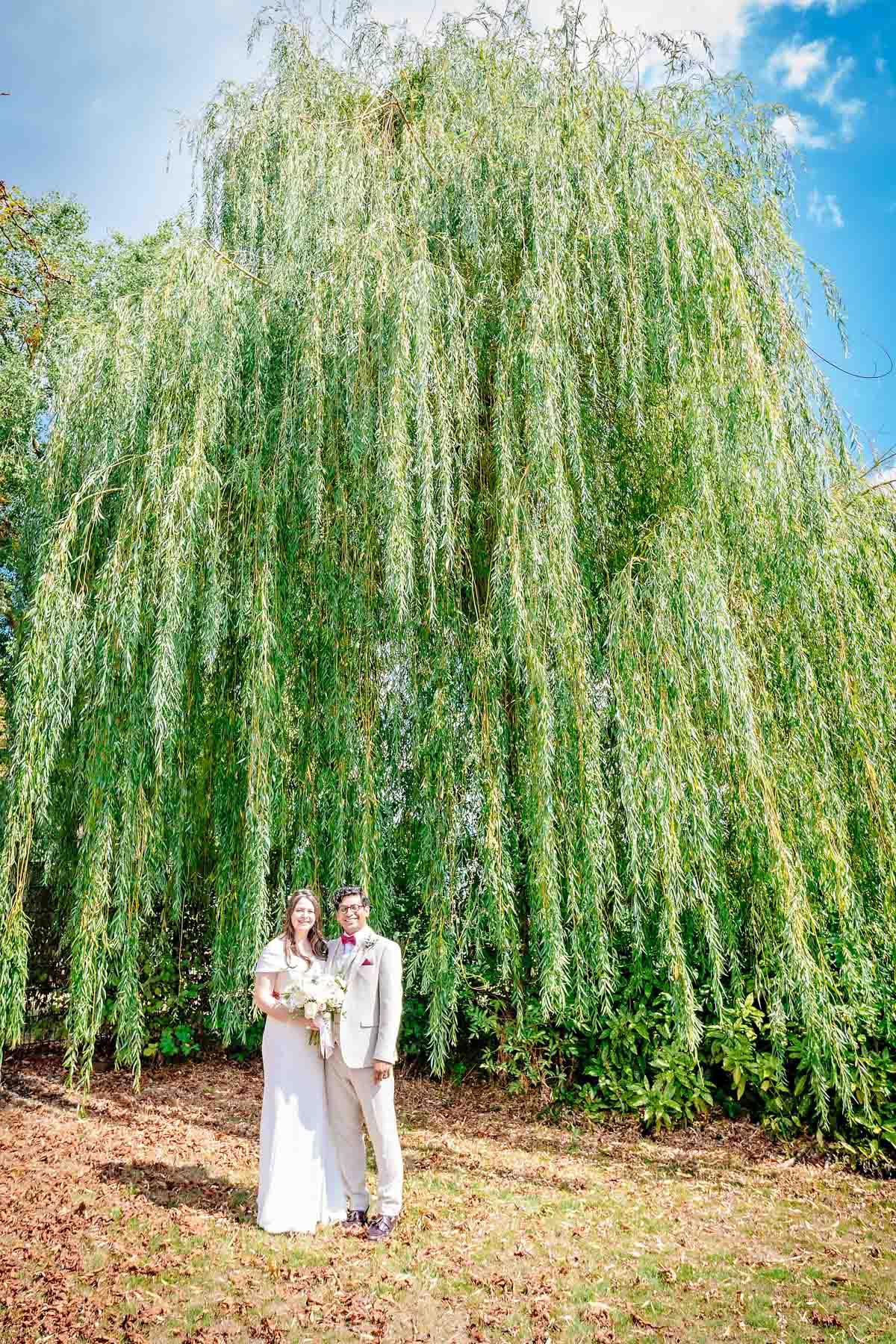 Couple standing in front of a willow tree in the sunshine on their wedding day