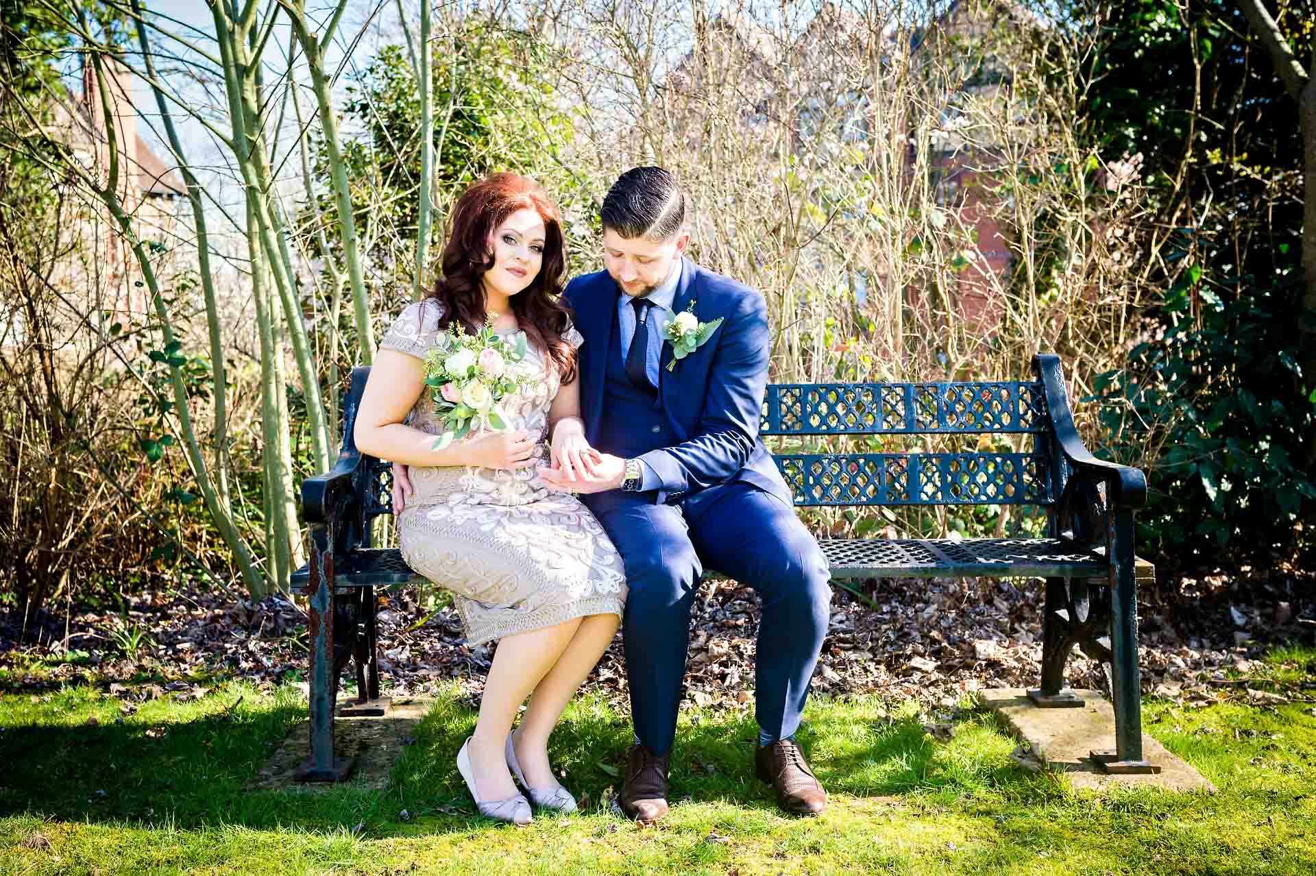 Couple Wedding Portrait on Bench at Newport Mansion House Register Office