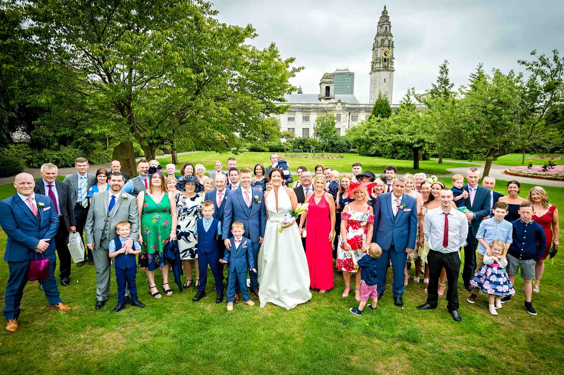 Group Wedding Photograph is Alexandra Gardens, Cardiff