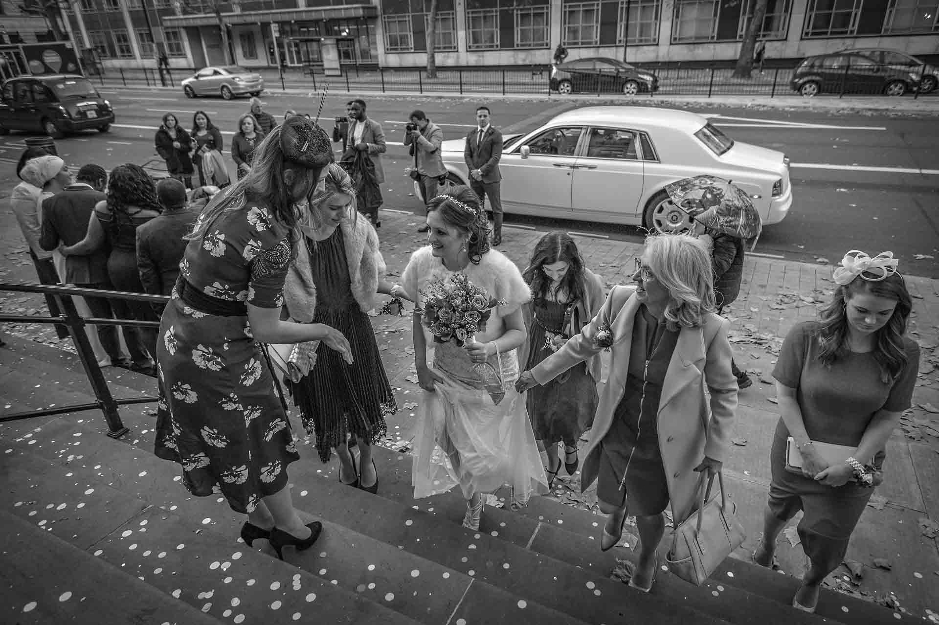 Bridal party arriving at Old Marylebone Town Hall