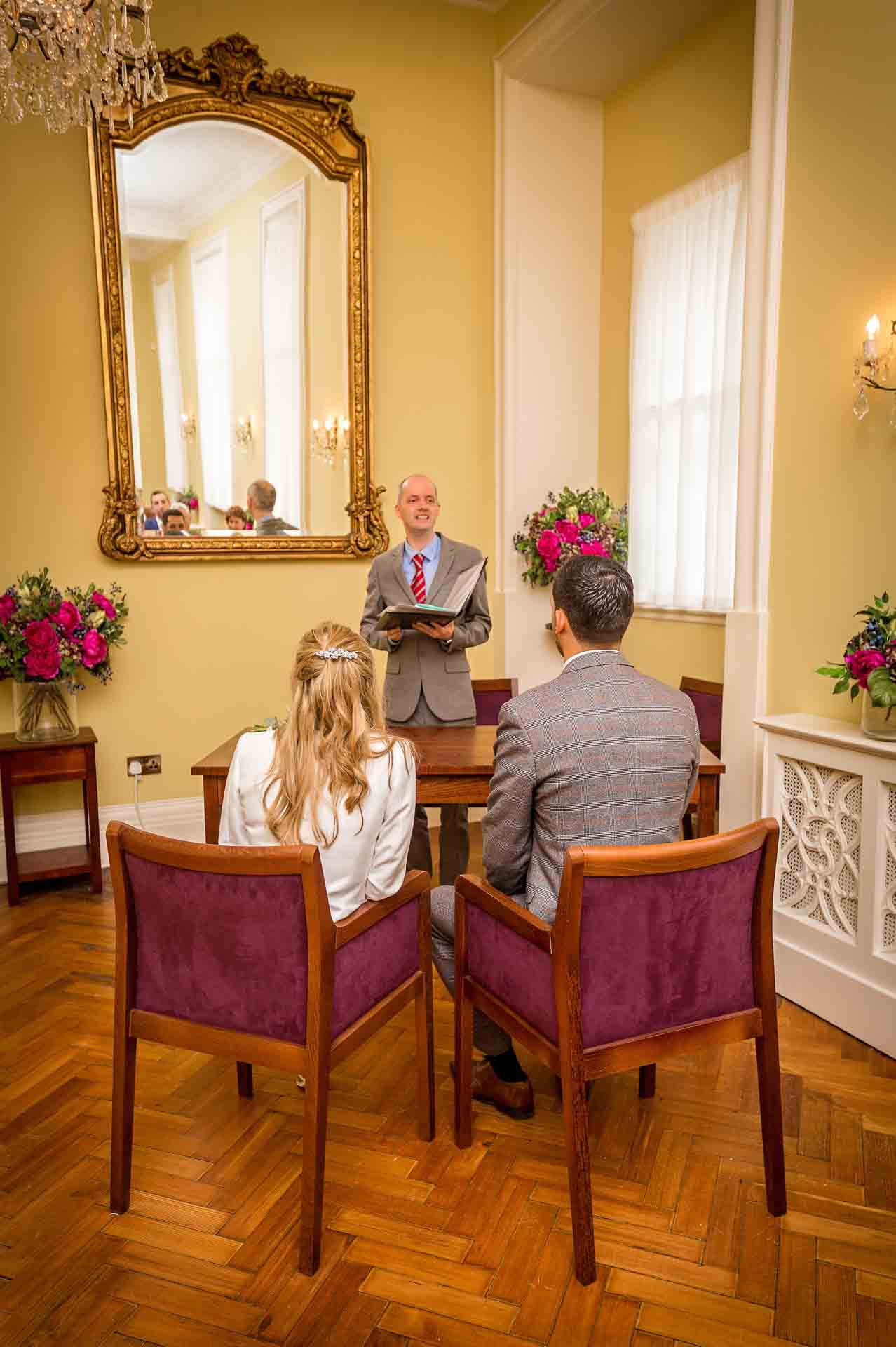 Bride and Groom in the Brydon Room at Chelsea taken from the back