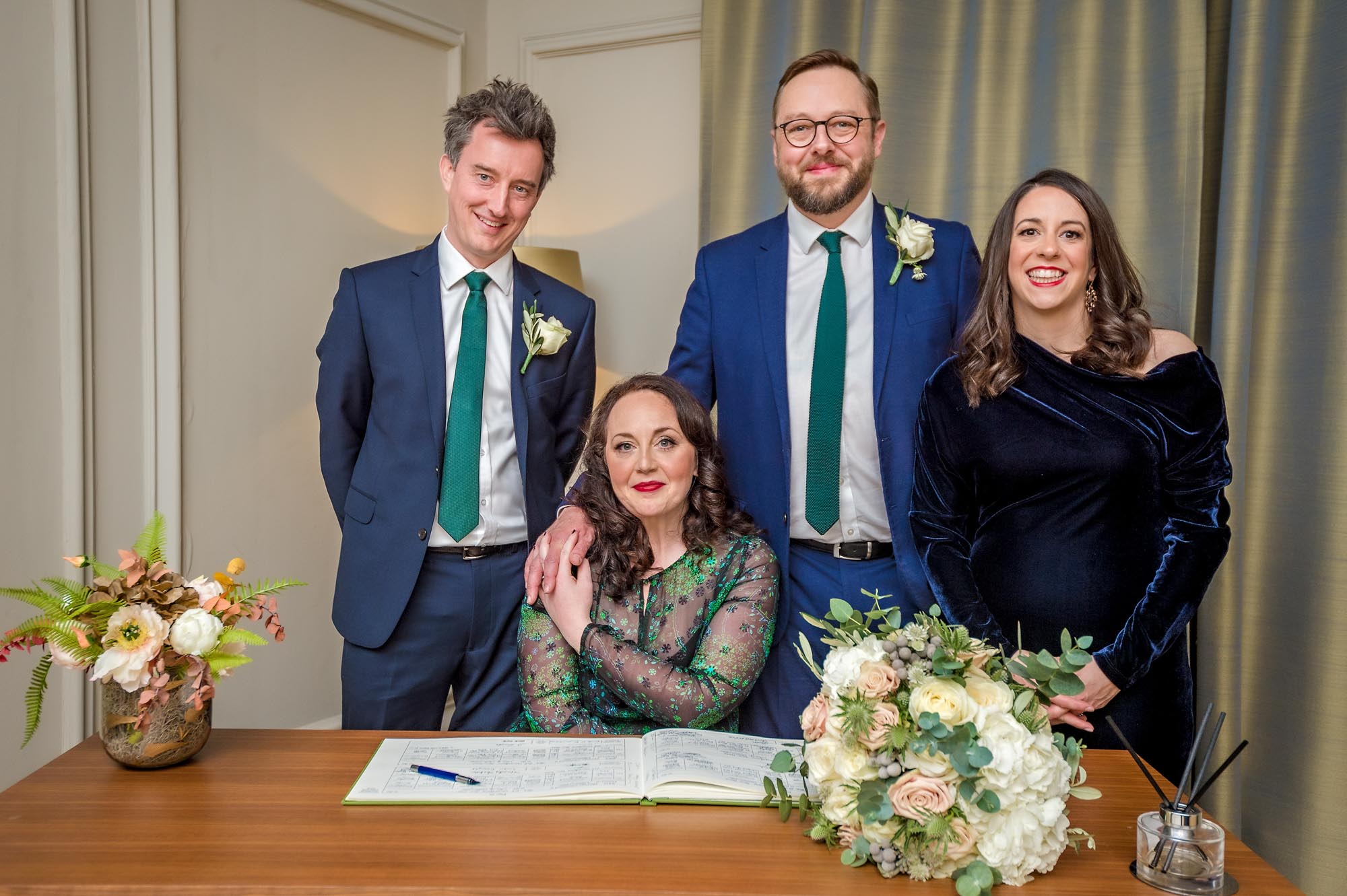 The happy couple pose with their witnesses at Old Marylebone Town Hall