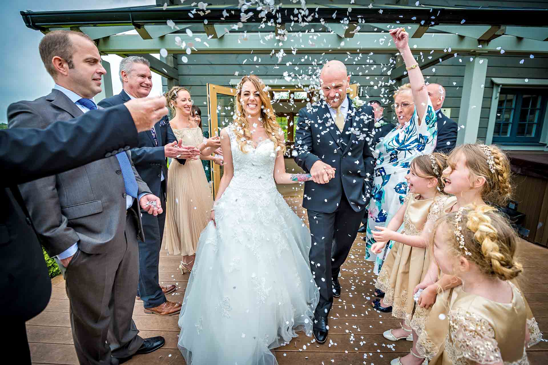 Wedding Confetti Outside a Hunter Lodge at Celtic Manor Resort, Newport