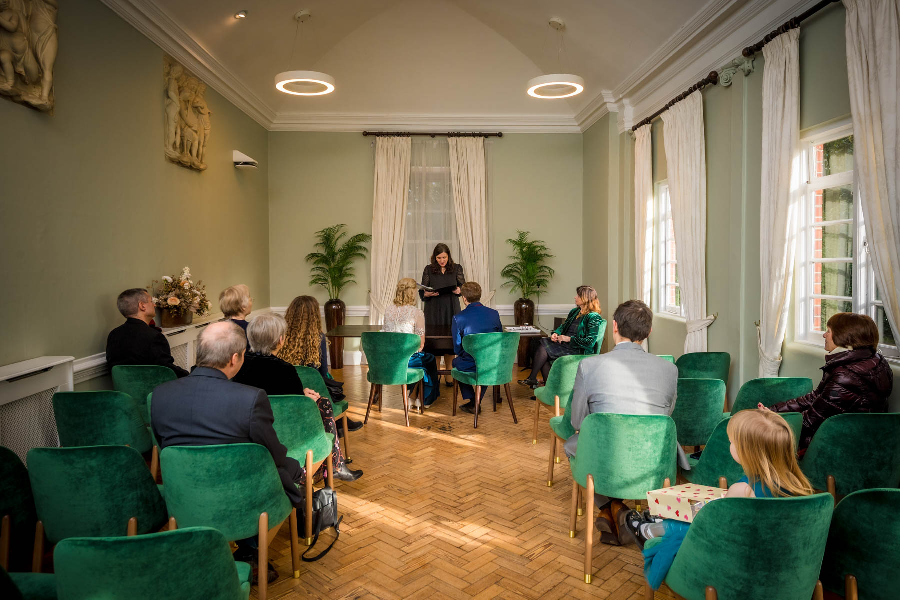 Photograph from back of Loggia Room in York House during wedding ceremony.