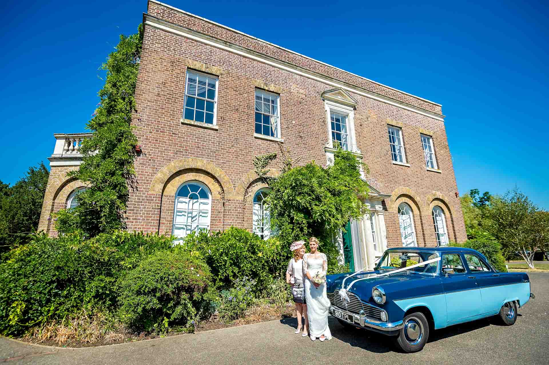 Bride and Mum Pose with Ford Zephyr Outside Morden Park House
