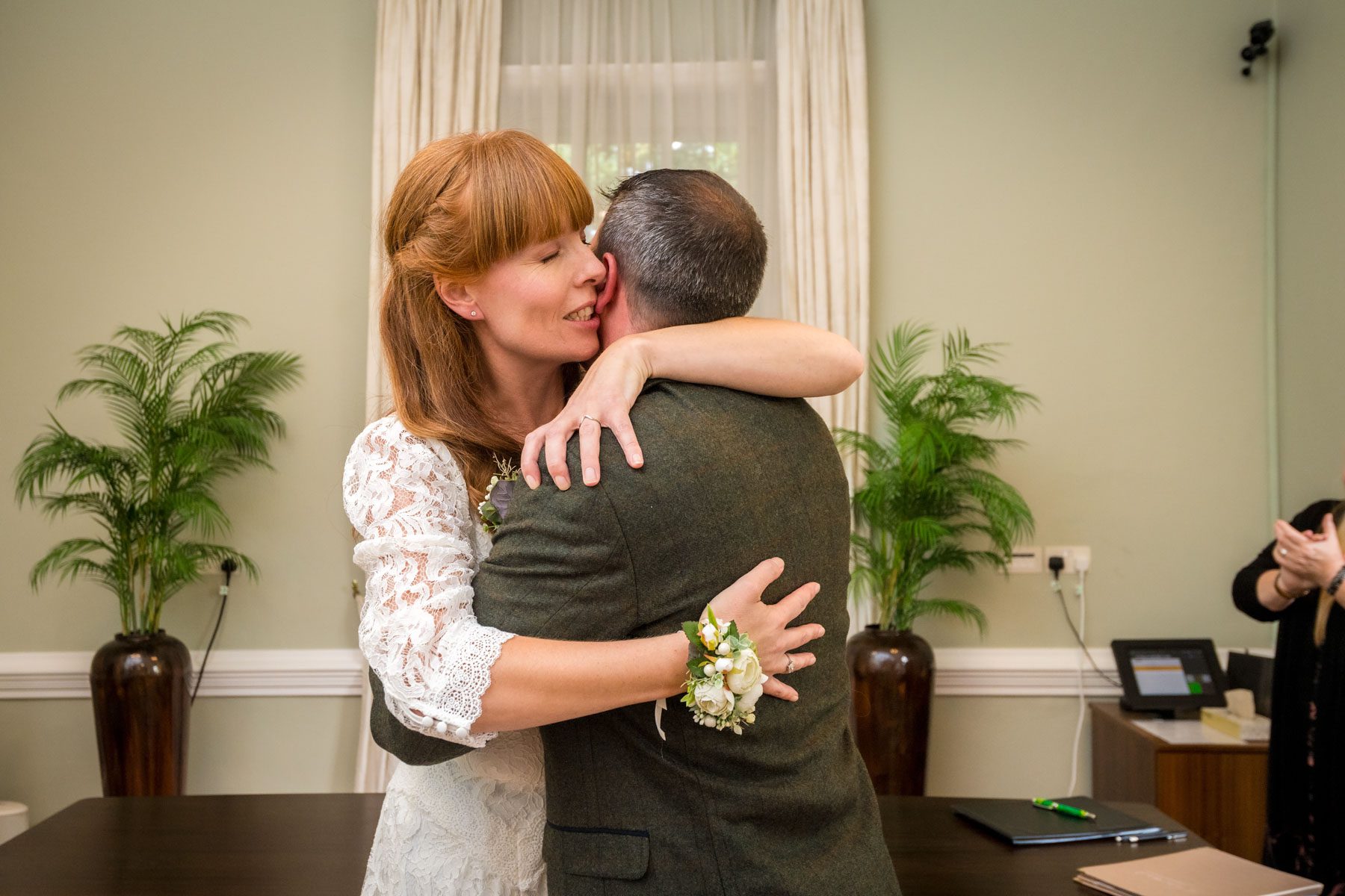 Bride and groom hugging after their ceremony at Richmond Register Offive