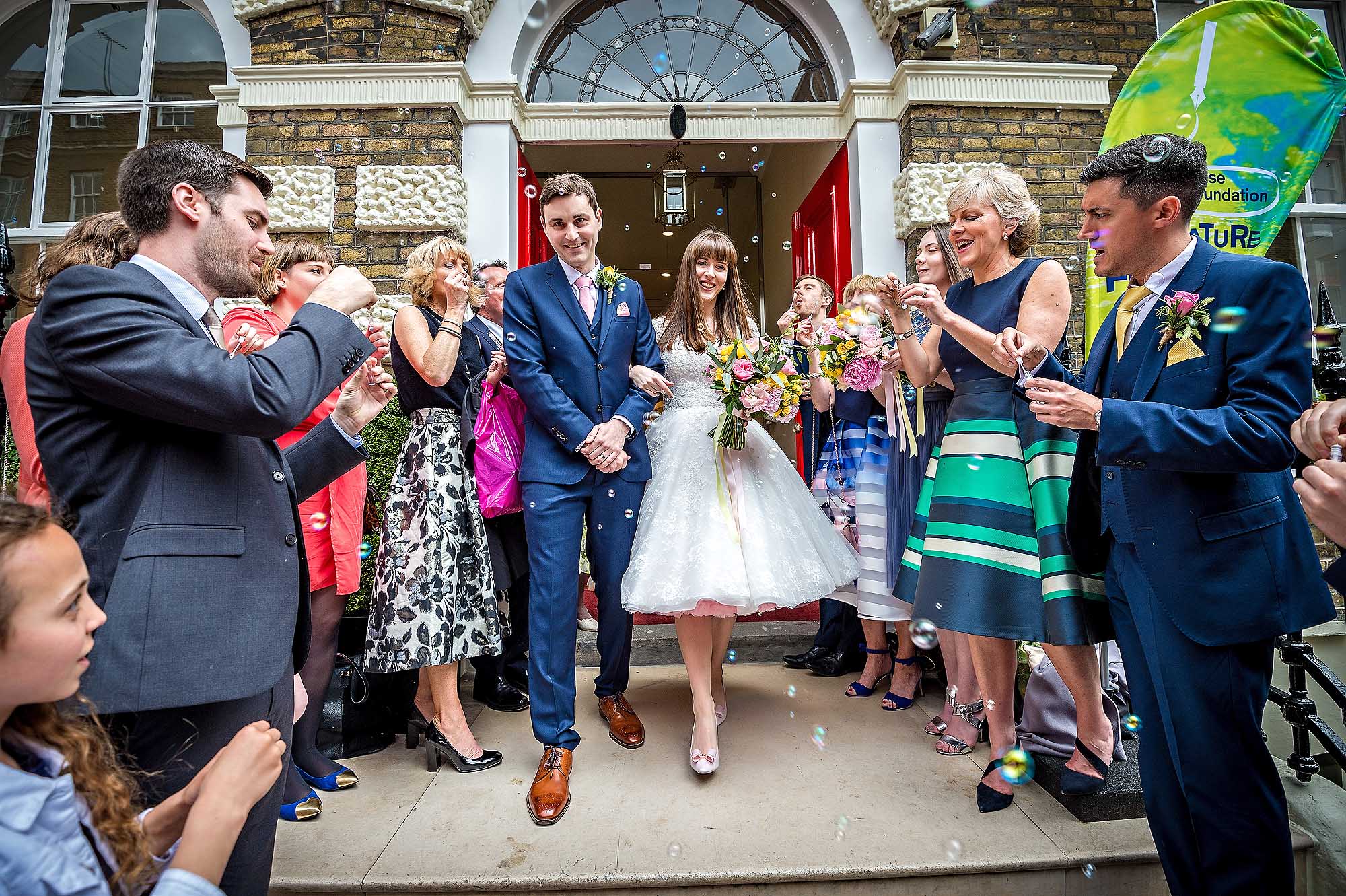 Wedding Confetti Bubbles on Steps at Asia House