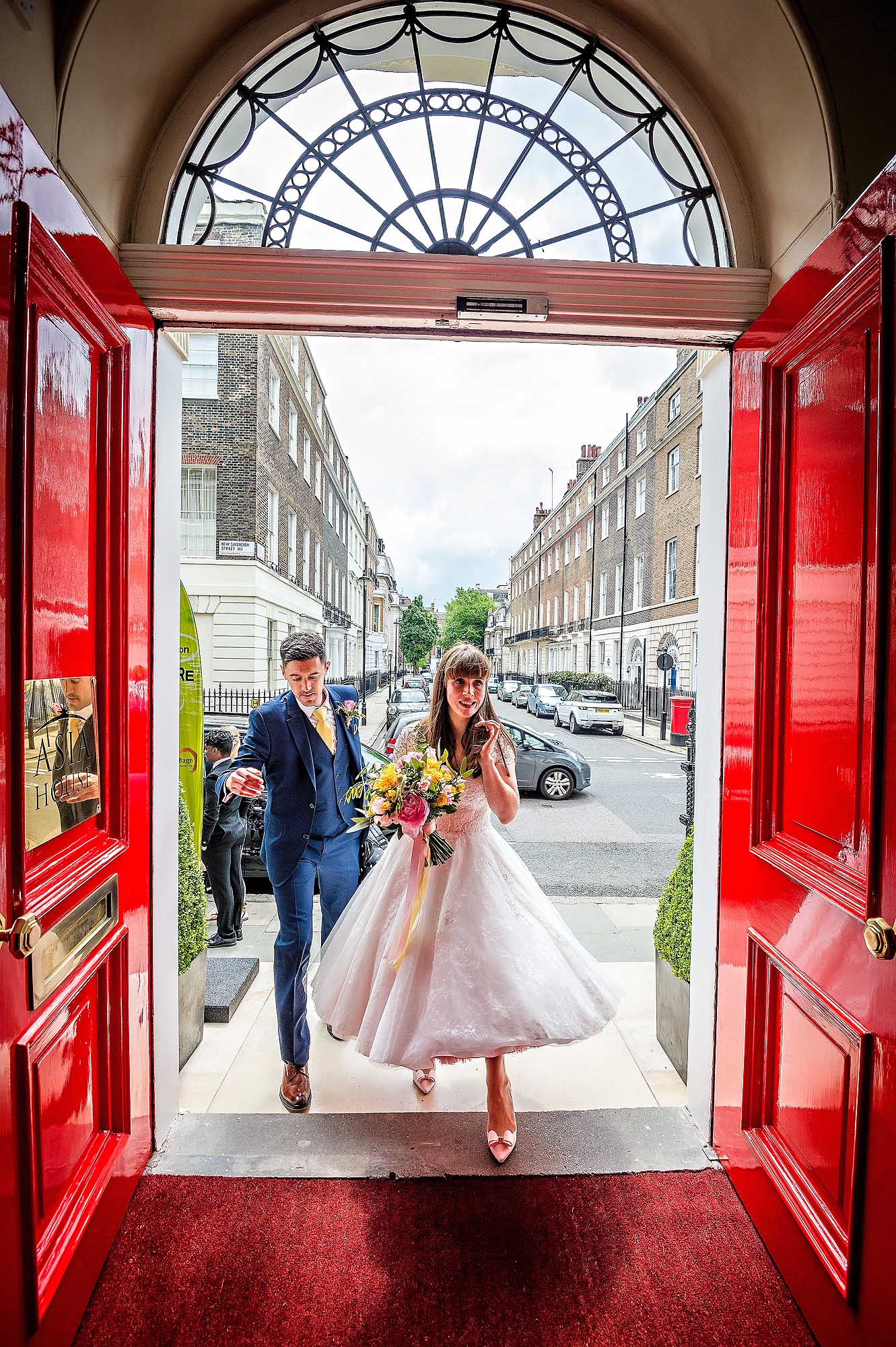 Bride arriving at wedding at Asia House