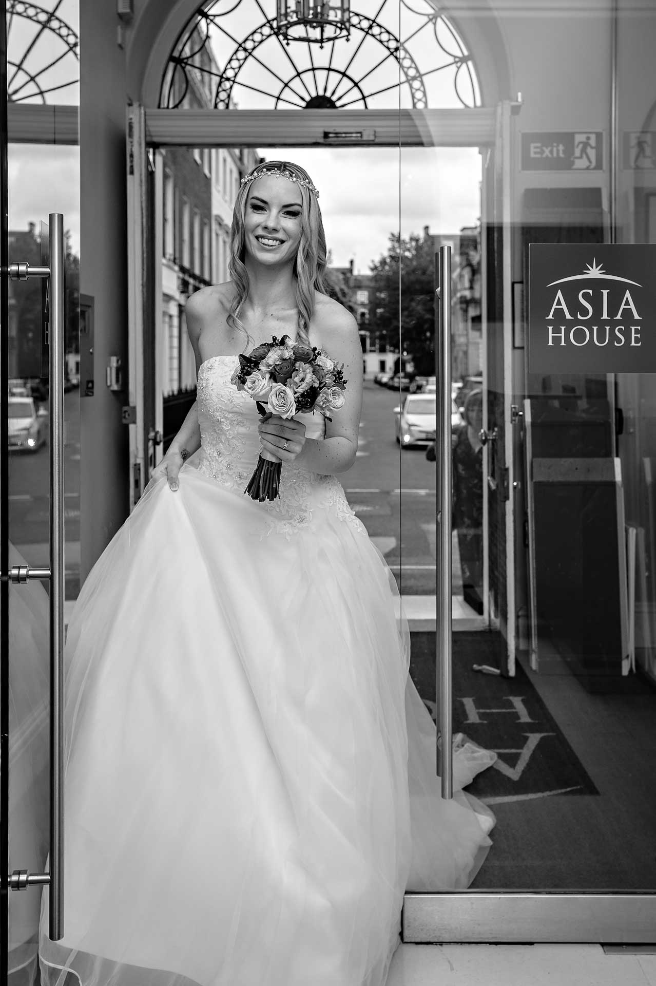 Bride Arriving at Asia House Wedding in White Dress