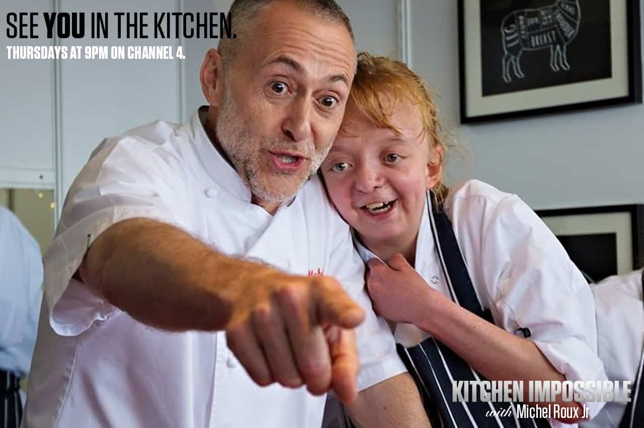 Publicity Photograph for Kitchen Impossible - Michel Roux with Girl Pointing at Camera - by Guy Milnes Photography