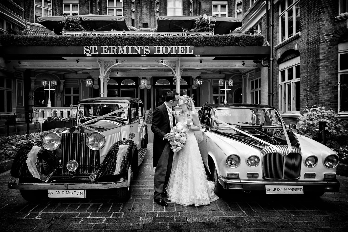 St Ermin's Hotel Wedding Photography - Couple with Vintage Cars
