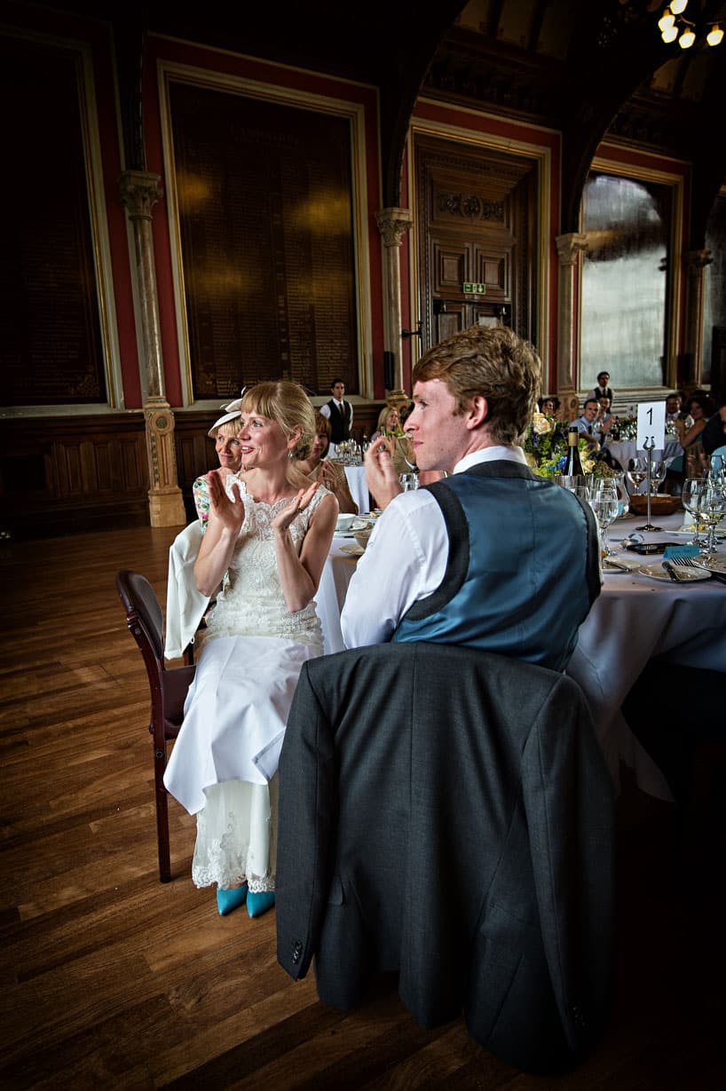 Bride and Groom Clapping at Wedding Speeches in Dulwich College