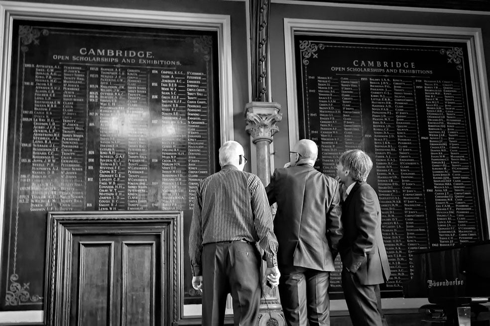 Suited Men Reading Open Scholarship Names on Boards at Dulwich College