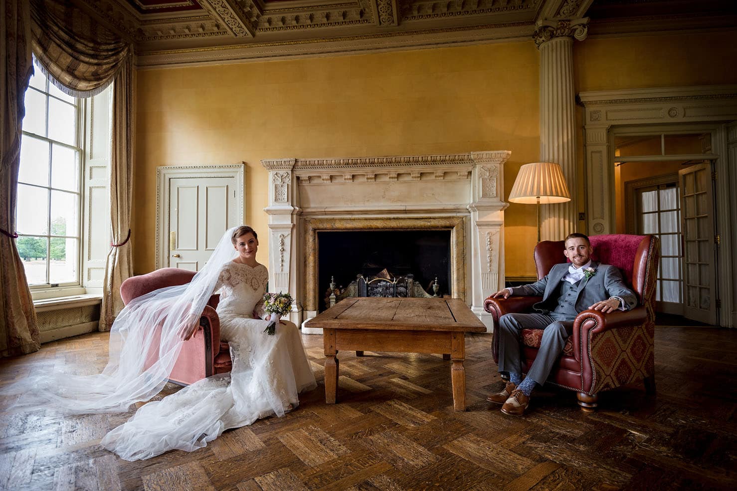 Hampton Court House - Wedding Portrait in front of Ornate Fireplace