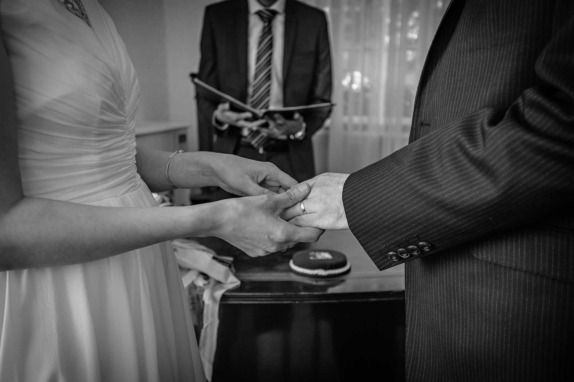 Kensington and Chelsea Old Town Hall Wedding Photographer - Exchange of Wedding Rings - Black and White