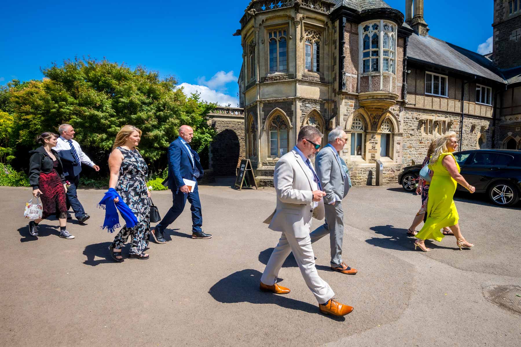 Wedding guests arriving at Insole Court for a civil marriage ceremony