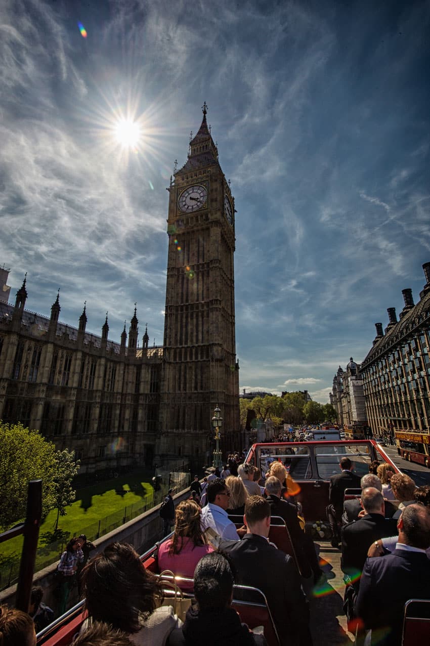 Open Top Bus Tour at Wedding with Big Ben in Background