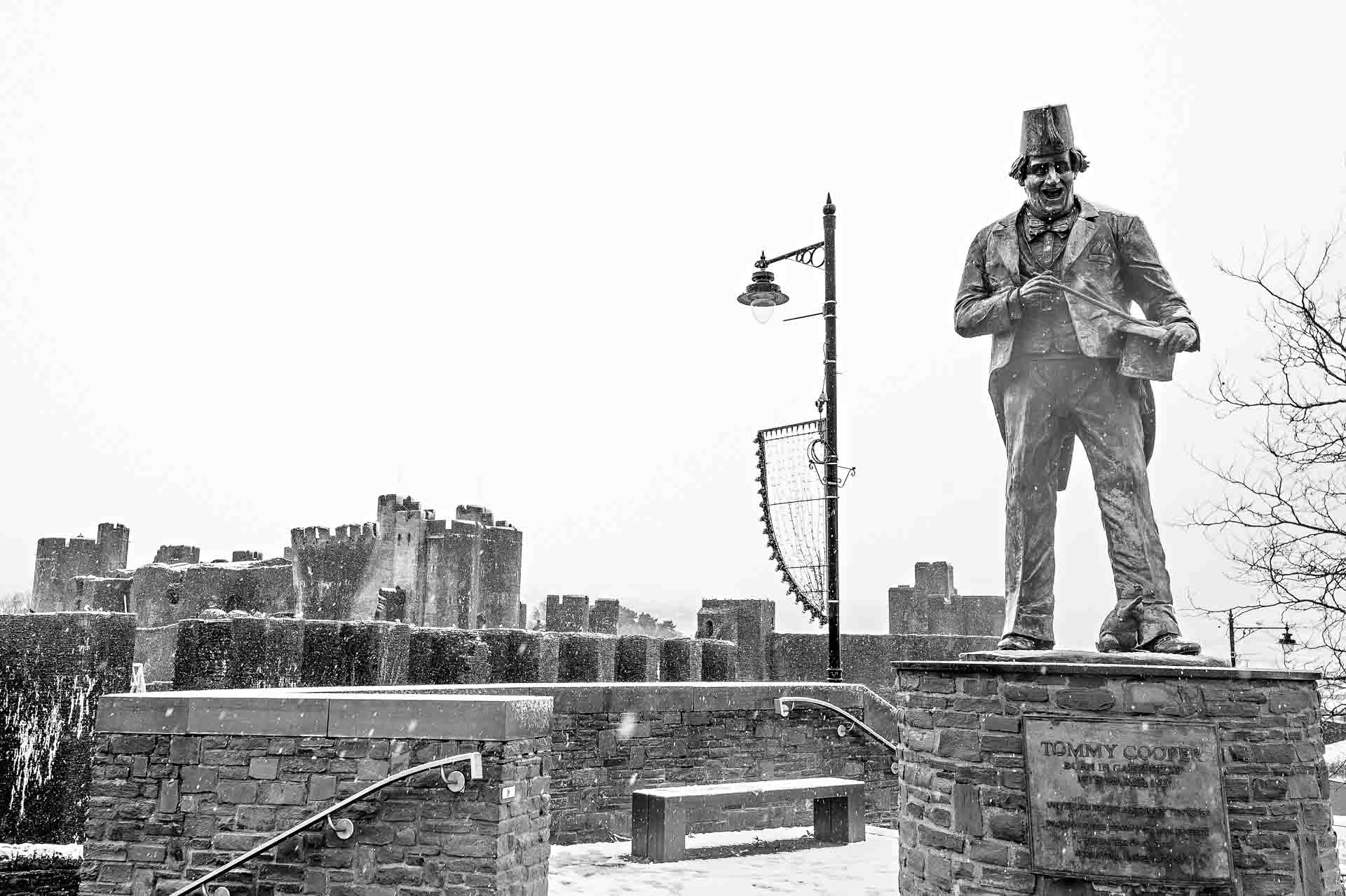 Caerphilly Wedding Photographers - The Tommy Cooper Statue with Castle Behind