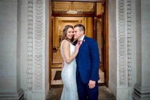 Bride and Groom photographed outside Old Marylebone Town Hall in London