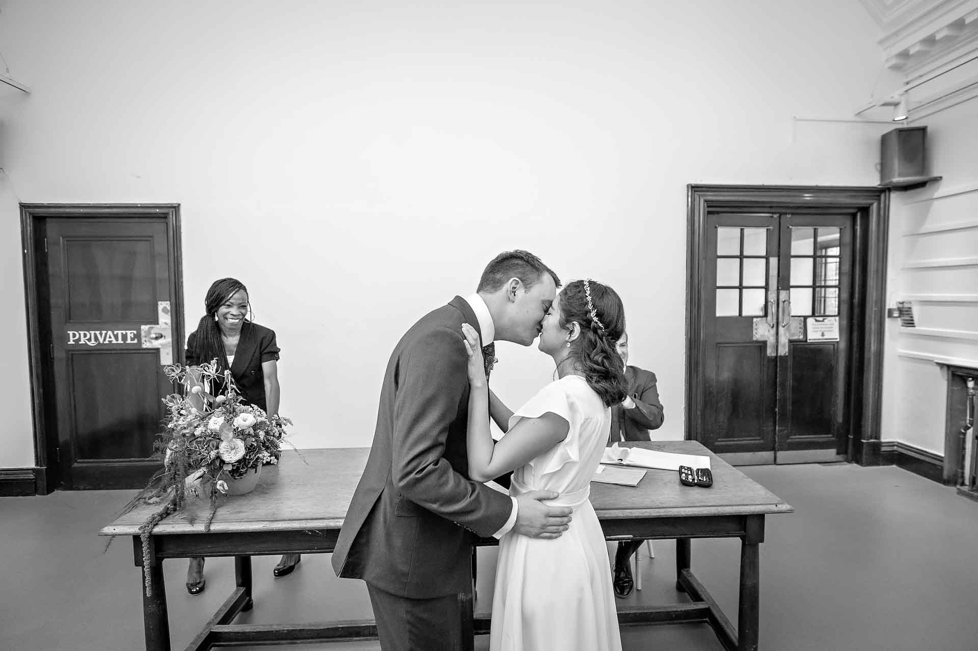 First Kiss at Fulham Library Wedding