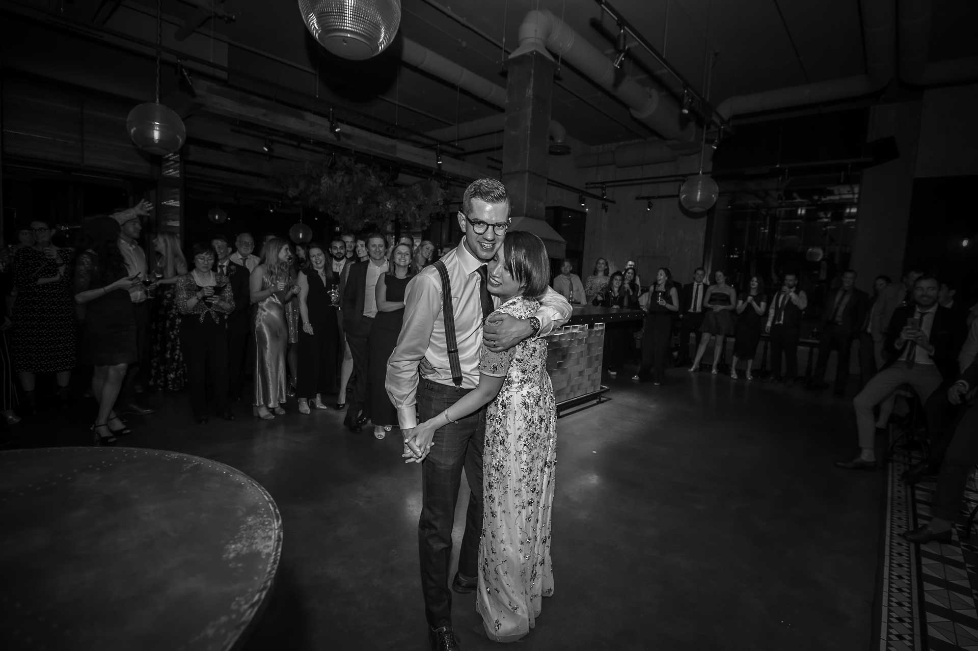 The bride and groom have their first dance at the Kitty Hawk Restaurant in London