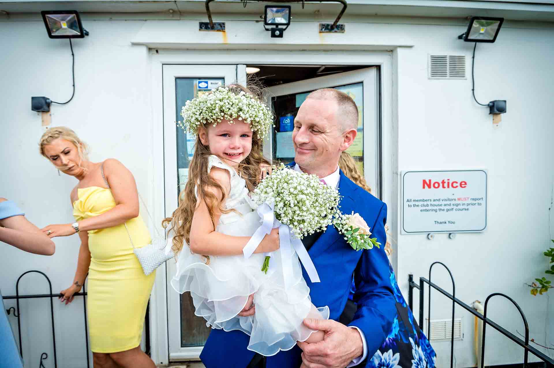 The groom and his daughter outside the clubhouse at Ridgeway Golf Club in Caerphilly