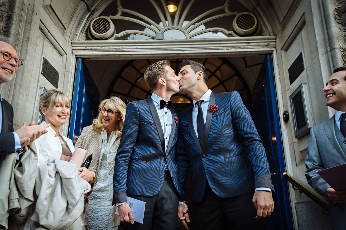 Civil Partnership Ceremony - Gay Couple Kissing on Steps of Chelsea Old Town Hall