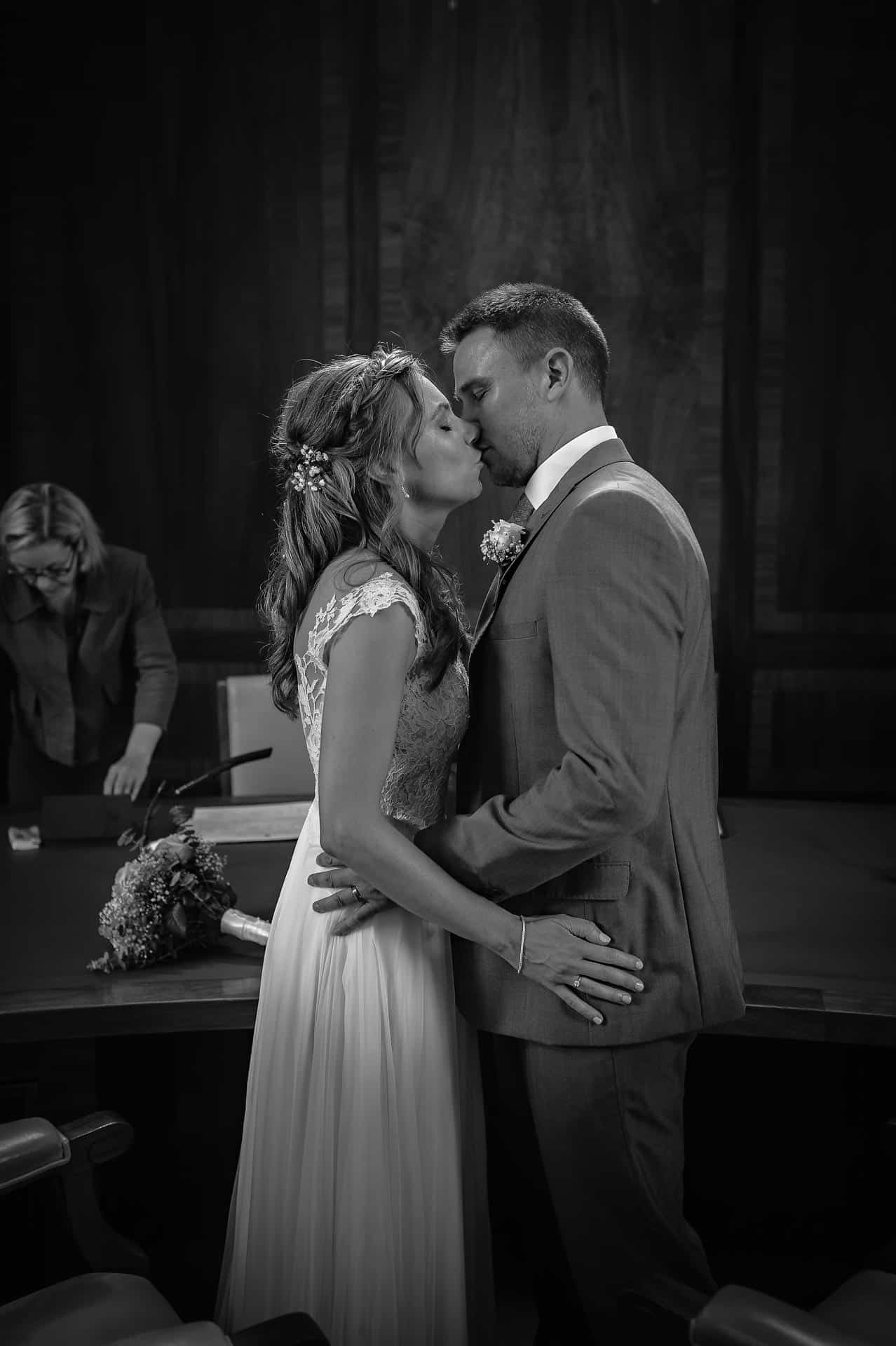 Couple Just Married at Merton Park House First Kiss at Wedding