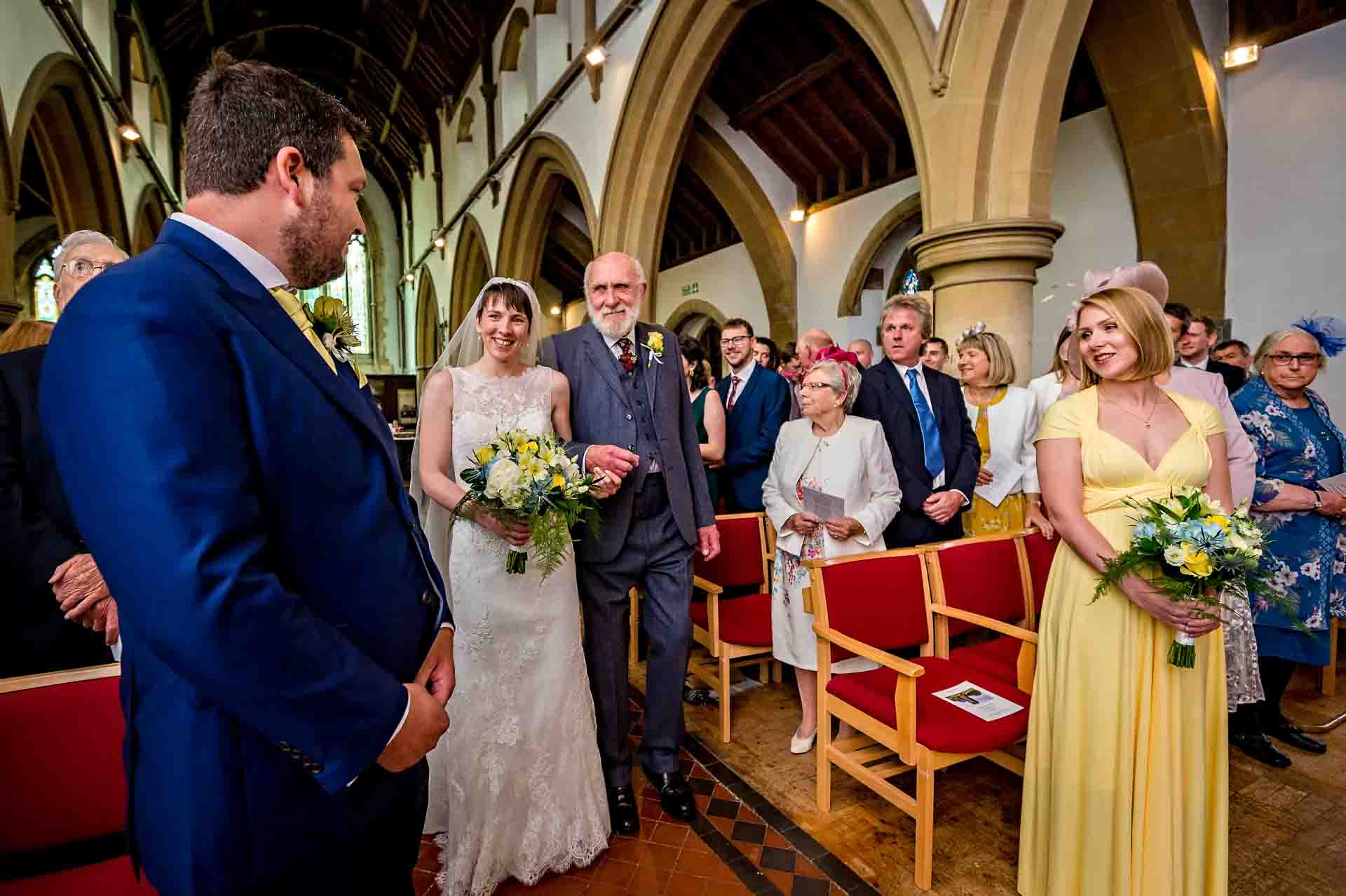 Bride and Groom see each other for the first time at St Martin's Church in Caerphilly