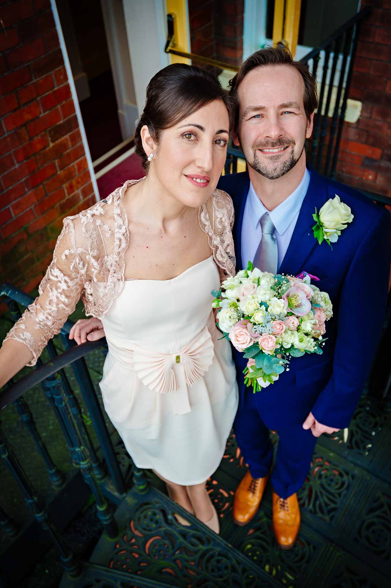 Happy Couple Portrait on Fire Escape of Mansion House, Newport