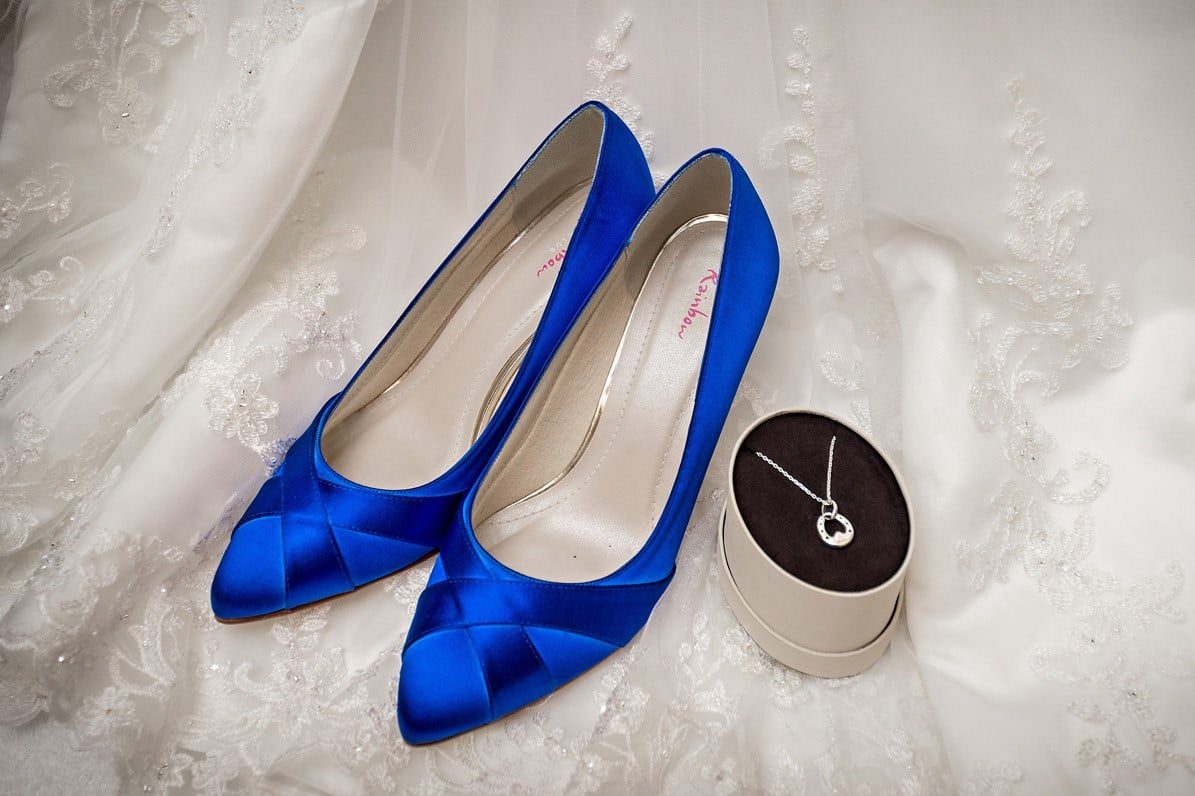 Blue Wedding Shoes on Dress with Necklace