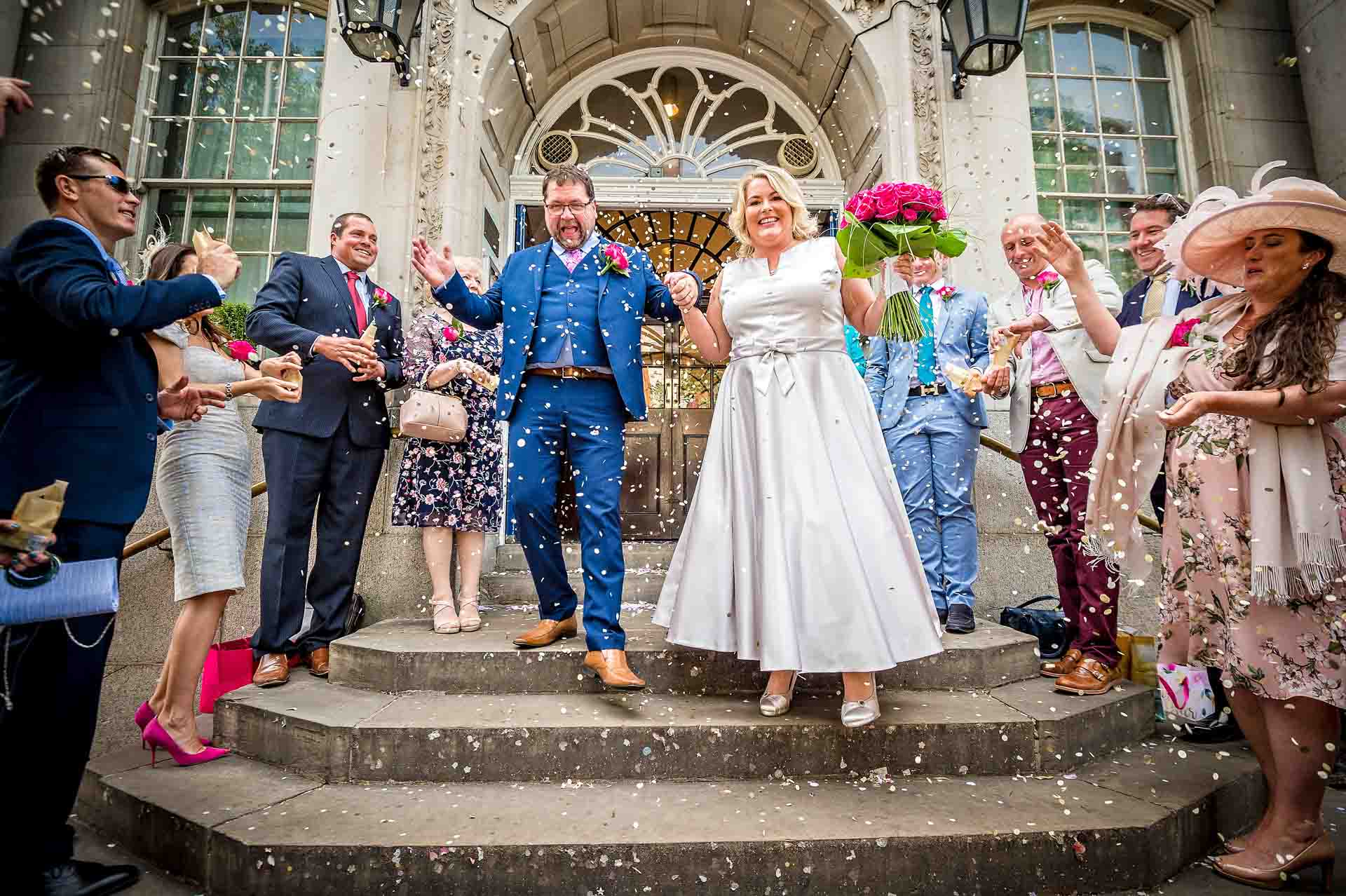 Chelsea Old Town Hall Wedding Photography - Confetti on Steps